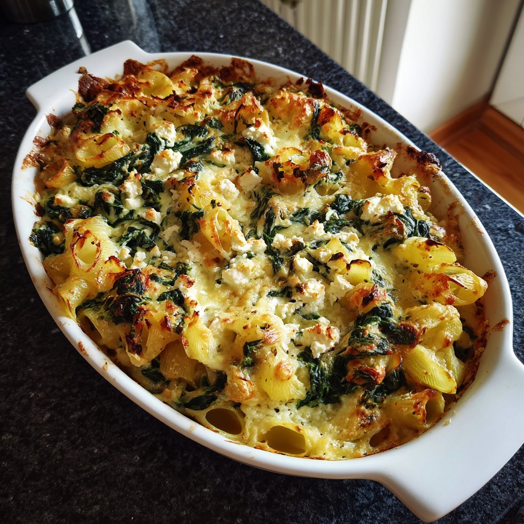Nudelauflauf mit Spinat und Feta